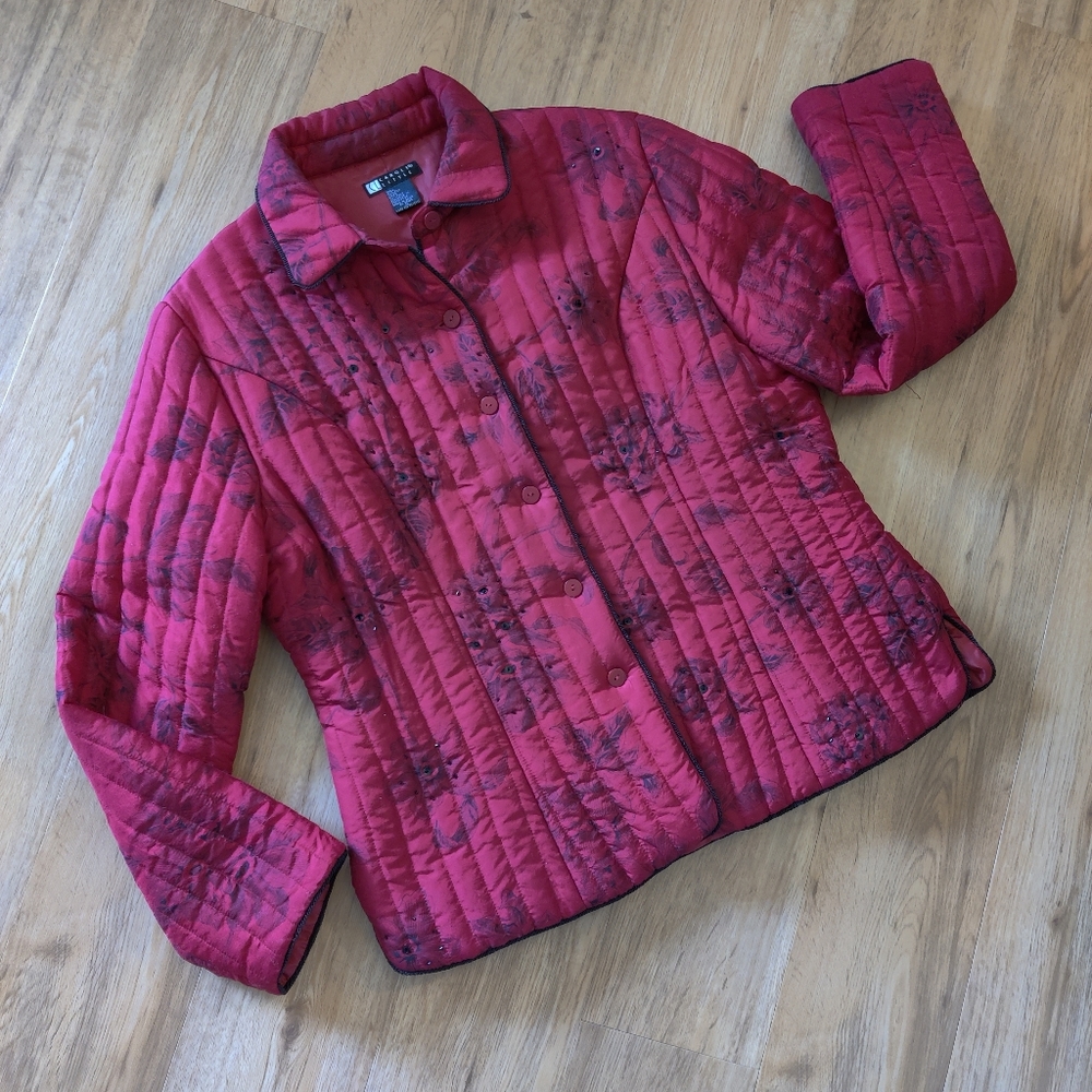 CAROLE LITTLE Red Asian Bead Silk Puffer Jacket XL